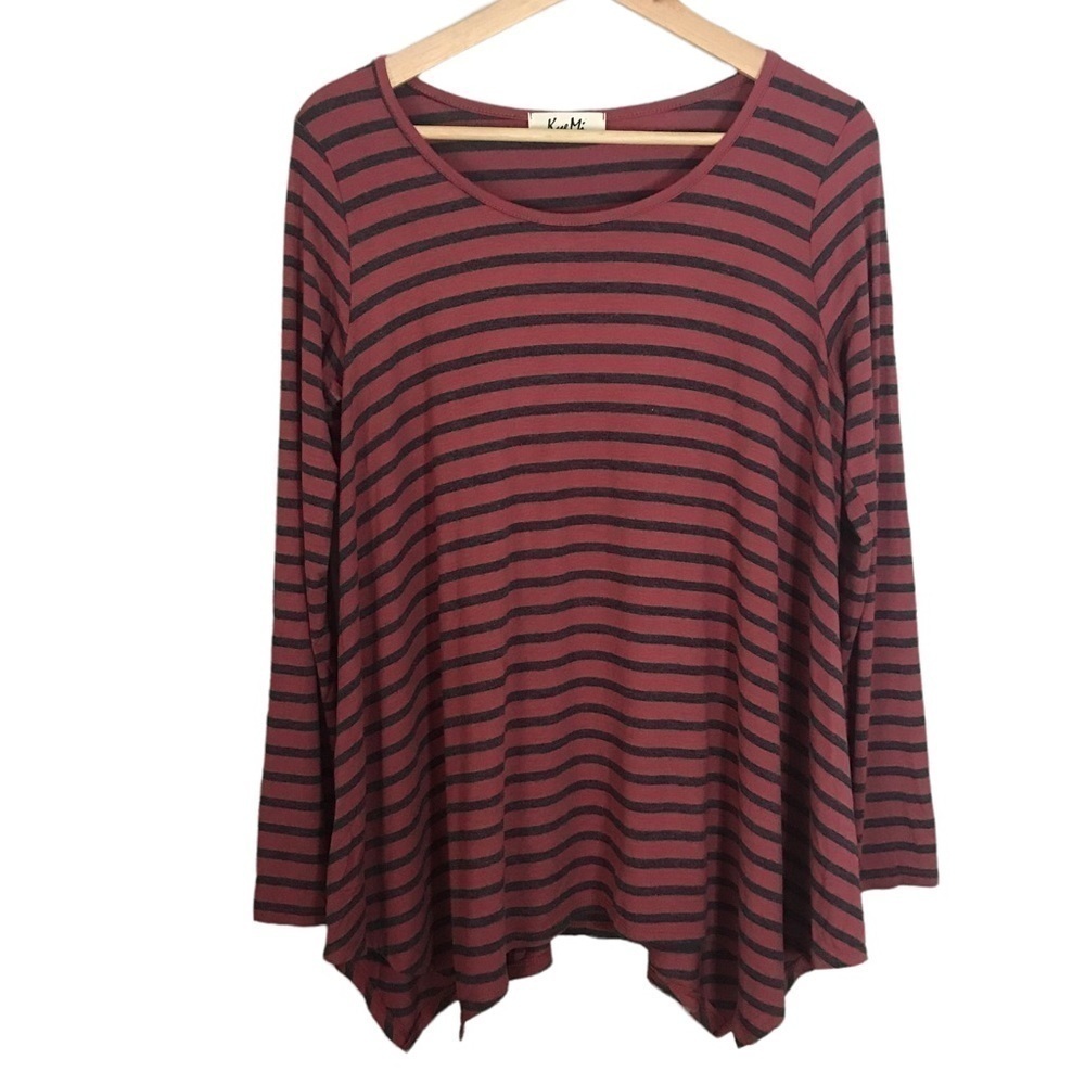 Kye Mi Women’s Red/Black OversizedStriped Shark Bite Long Sleeve Tunic Top Size